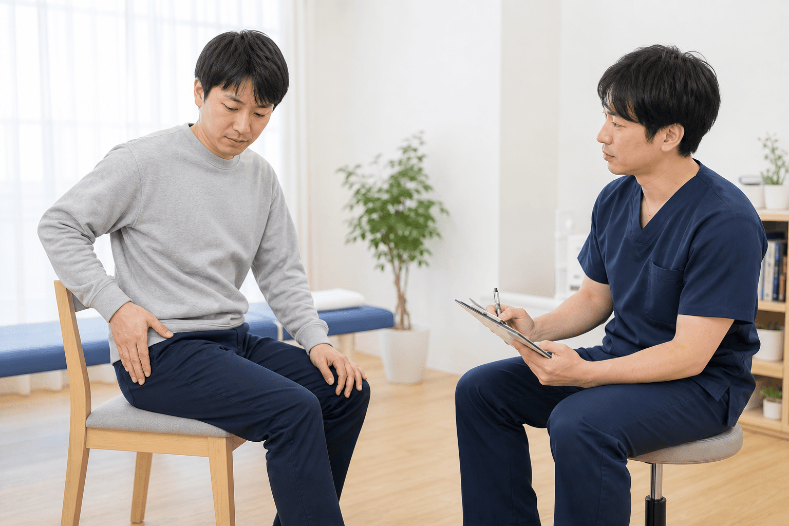 吹田市で交通事故後の太ももの痛みを医療従事者へ相談する様子
